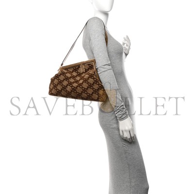 FENDI CAMOSCIO KARLIGRAPHY EMBROIDERED MEDIUM FIRST CAMEL (30*25*10cm) 
